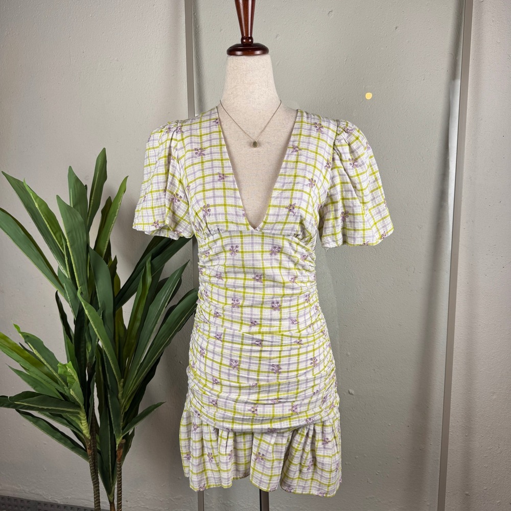 Cottagecore Coquette Picnic Plaid Rouched Zara Mini Dress XS Floral Embroidery